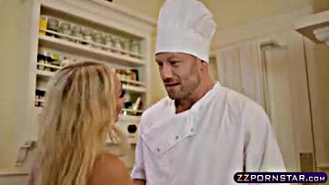 Married blonde cheats with catering dude on kitchen counter