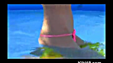 Teen fingers own wet vulva by the pool