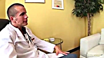 A blonde woman favors her doctor with oral sex