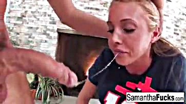 Samantha's blowjob leads to intense creampie sex