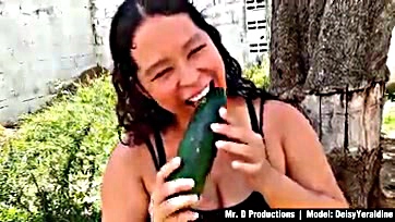 Outdoor self-pleasure with large cucumber, explicit video