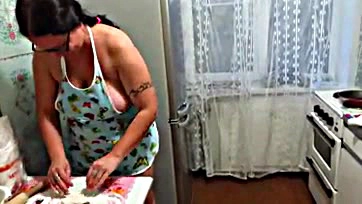 Sexy milf cooks, fucks, and shakes in kitchen