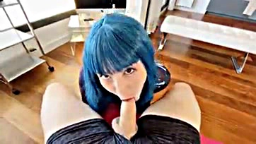 Girl sucks balls, gets horny and blue