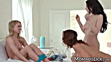 Lesbians, stepmom, and teens engage in explicit three-way sex