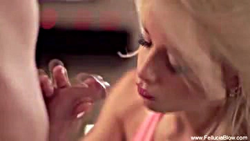 A blonde enjoys deep blow job and cock sucking