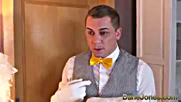 Room service guy bangs horny wife, hubby snores