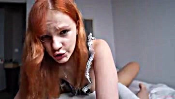 Redhead rides boyfriend, gets cummed on back