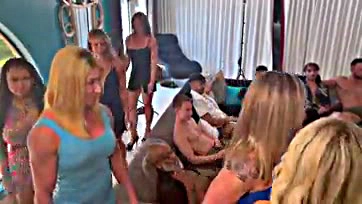 Multiple hotwives engage in massive group sex orgy