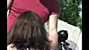 Sexy brunette gets cummed on by a biker