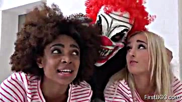 Two bitches get brutally gangbanged by a creepy clown