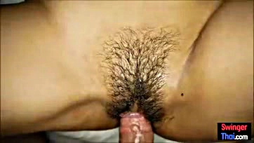 Thai girl gets hairy pussy pounded by foreigner