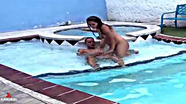 Step sister-in-law gives me pool pussy oil massage