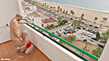 Blowjob and cum shot on tits from balcony