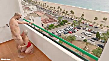 Blowjob and cum shot on tits from balcony