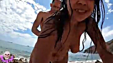 Girl gets creampie on beach with horny follower