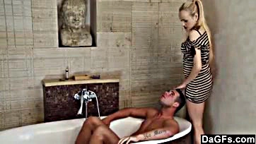 Foot fetishist gets pleased by blonde's toe play