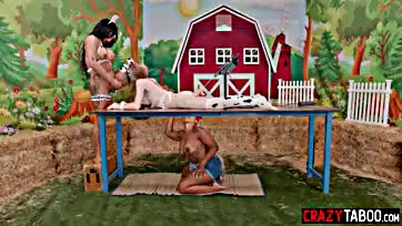 Farm girl pleases two shemale friends with big breasts