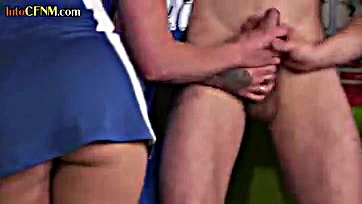 Femdoms dominate CFNM cheerleader HJ in locker room