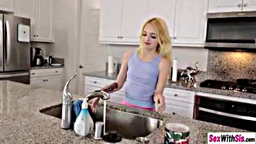 Kate Bloom sucks stepbrother's cock while cleaning