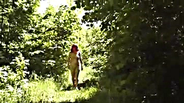 Naked milf freaks out at randy stranger in woods