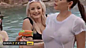 Sexy pool party features big-boobed Desiree and Xander