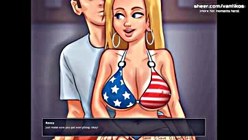 Blonde teen's hot boobs get sexy massage in game