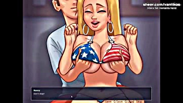 Blonde teen's hot boobs get sexy massage in game