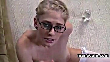 Blonde gets face-fucked while wearing glasses, POV