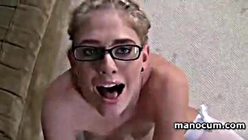 Blonde gets face-fucked while wearing glasses, POV