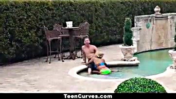 Petite curvy teen gets brutally pounded by poolside stud