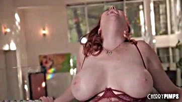 Sexy redhead rides cock reverse cowgirl, big tits bounce