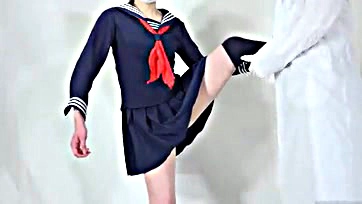 Girl's genital access via tight cheerleading attire