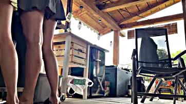 Girls flaunt bare legs, pussies at outdoor BBQ