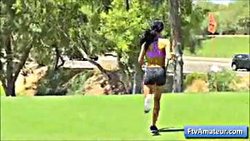 Naked teen girl pees on golf course