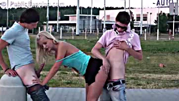 Young blonde gets pounded by multiple dudes publicly