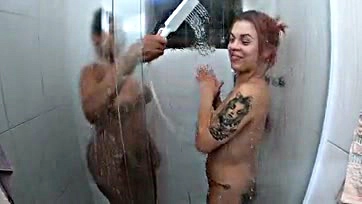 A woman gave a blow job in the shower