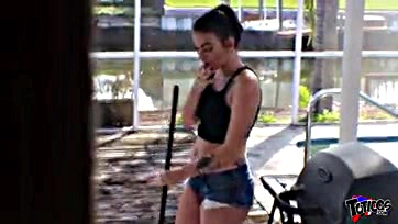 Teen cleans pool, strokes black cock's erect dick