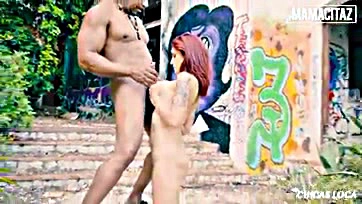 Redhead gets massive black cock outdoors, loves it