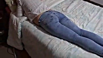 Friend jizzes on wife's butt after sex, wearing jeans