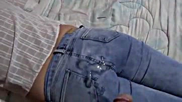 Friend jizzes on wife's butt after sex, wearing jeans