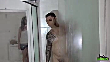 Some dude gets off watching buff guy take a shower