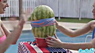 Teens with big breasts and butts blow up watermelon