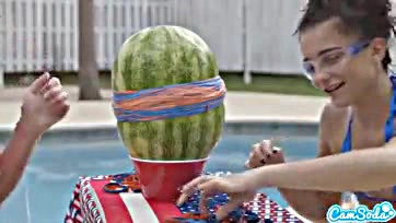 Teens with big breasts and butts blow up watermelon