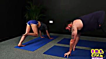 Asian woman performs explicit yoga moves on male partner