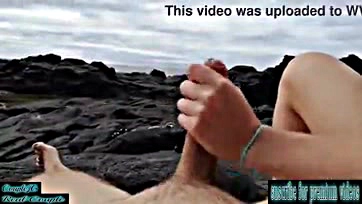 Public beach cum shot, no hands, explicit