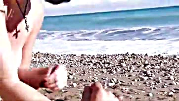 French guy gets cum-covered face on beach