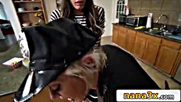 Elderly woman spanks naughty teen's bare ass hard