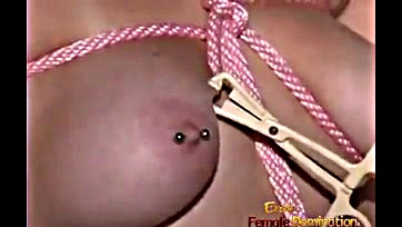 Redhead's pierced labia stimulated by clamping