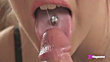 Pierced tongue coed gives sloppy BJ