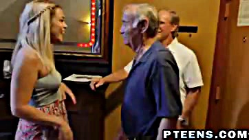 Old men engage in threesome with teenage blonde